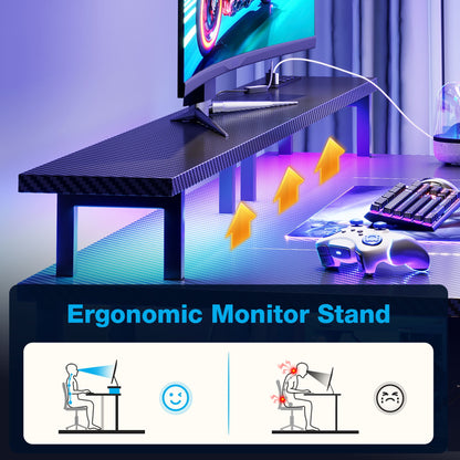 Casacomoda 48 inch Gaming Desk with LED Lights & Power Outlets, Computer Desk with Monitor Stand & Storage Sheves, CPU Stand, Home Office Desk, Black