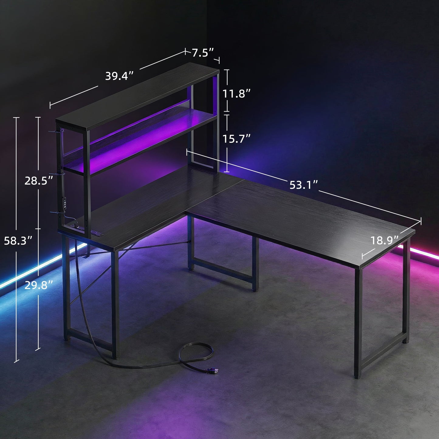 53 Inch L-Shaped Office Desk with Power Outlets, Gaming Desk with LED Lights for Home Office, Corner Computer Desk with Hutch, Black