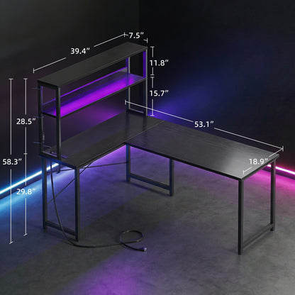 53 Inch L-Shaped Office Desk with Power Outlets, Gaming Desk with LED Lights for Home Office, Corner Computer Desk with Hutch, Black