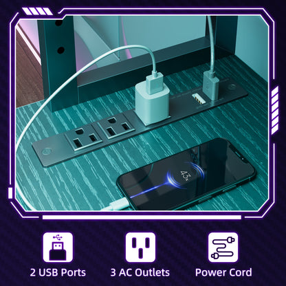 53 Inch L-Shaped Office Desk with Power Outlets, Gaming Desk with LED Lights for Home Office, Corner Computer Desk with Hutch, Black