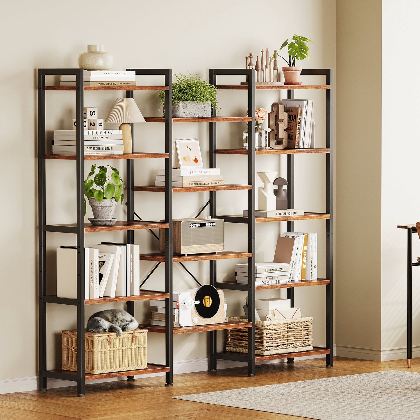 Casacomoda Triple Wide 5 Tier Bookshelf, Rustic Industrial Style Bookcases with 15 Open Display Shelves, Modern Tall Bookcase Furniture for Bedroom, Living Room and Home Office, Rustic Brown