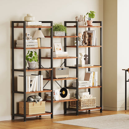 Casacomoda Triple Wide 5 Tier Bookshelf, Rustic Industrial Style Bookcases with 15 Open Display Shelves, Modern Tall Bookcase Furniture for Bedroom, Living Room and Home Office, Rustic Brown