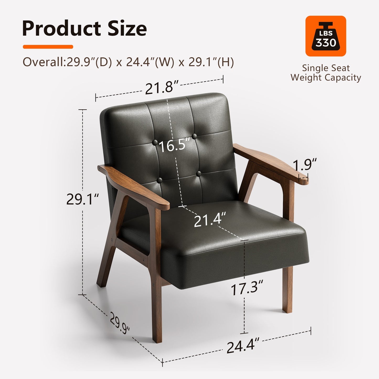 Casacomoda PU Leather Accent Chair Mid Century Comfy Cozy Chair with Solid Wood Legs, Modern Arm Reading Chair with Button Tufted Back for Living Room Bedroom, Black