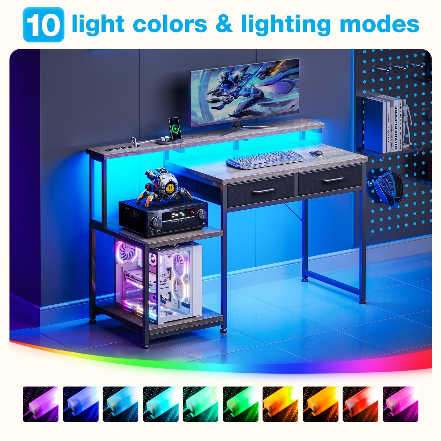 Casacomoda Computer Desk, 48 Inch Gaming Desk with Led Lights & Power Outlet, Home Office Desk with Monitor Shelf, Reversible Desk with Printer Stands, Grey
