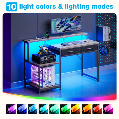 Casacomoda Computer Desk, 48 Inch Gaming Desk with Led Lights & Power Outlet, Home Office Desk with Monitor Shelf, Reversible Desk with Printer Stands, Grey