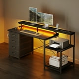 Casacomoda 55 Inch Computer Desk with USB Ports and Power Outlets, Printer Shelf & Built-in LED, 4 Drawers & Storage Shelf, Home Office Desks, Black