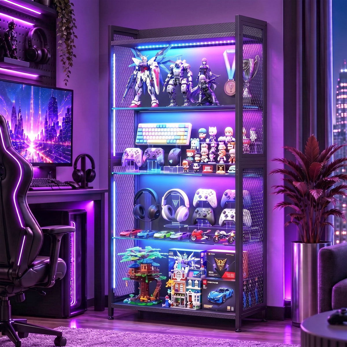 Casacomoda RGB Gaming Glass Display Case for Collectibles, Music Sync Lighted Display Shelf with 4+1 Shelves, 5-Strip LED with Controller, Display Cabinet for Figures, Game Setup& Curio, Black