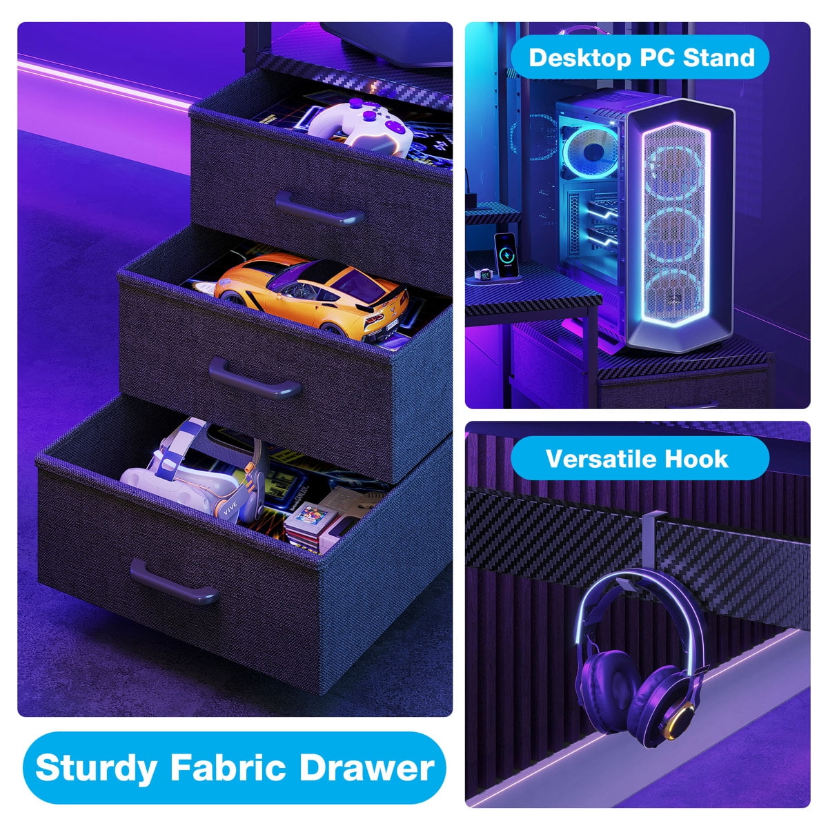 Casacomoda 63" Gaming Desk with Hutch and Drawers, RGB LED Lights, Computer Desk with Power Outlets for Home Office, Black