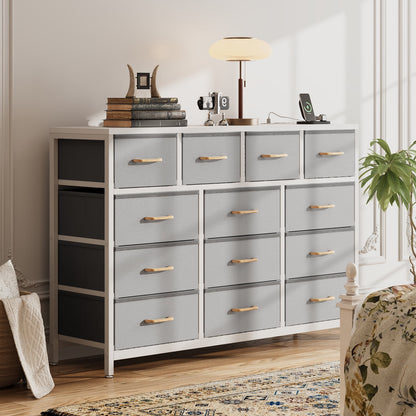 Casacomoda 55-Inch Wood Dresser with 13 Storage Drawers & Built-in Power Outlets, Large Bedroom Dresser and TV Stand, Light Grey