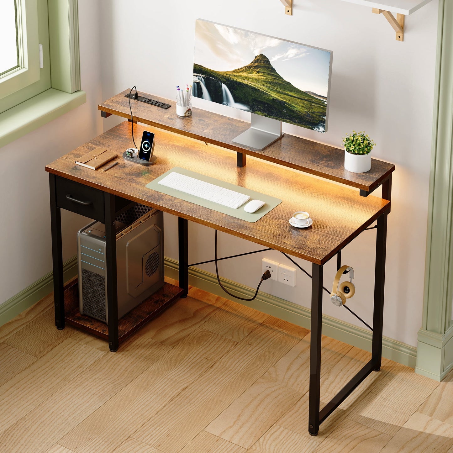Gaming Desk with LED Lights and Power Outlet, 48 Inch Reversible L Shaped Computer Desk with Fabric Drawer, Monitor Stand and Headphone Hook, Home Office and Gaming Desk, Vintage