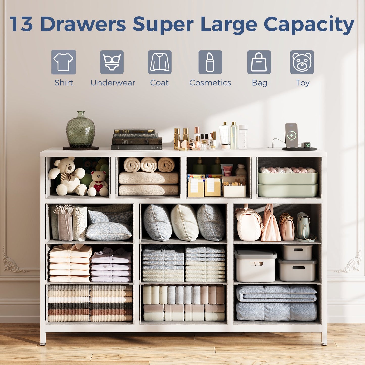 Casacomoda 55-Inch Wood Dresser with 13 Storage Drawers & Built-in Power Outlets, Large Bedroom Dresser and TV Stand, Light Grey