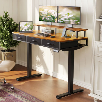 Casacomoda 48“ Electric Standing Desk with Power Outlets and LED Lights, Adjustable Height Sit Stand Desk with Monitor Shelf & 3 Fabric Drawers for Home Office, Vintage