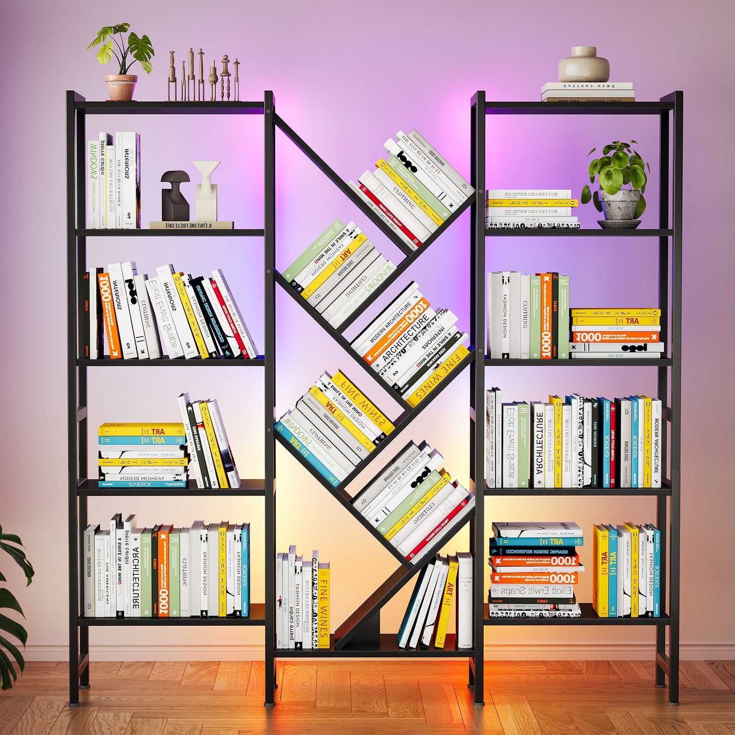 Triple 5-Tier Bookshelf with LED Lights for Living Room, 17 Open Shelves Large Bookcase with App Control RGB Light Strip, Modern Tree Design Storage Shelf with Metal Frame, Black