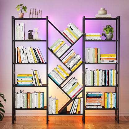 Triple 5-Tier Bookshelf with LED Lights for Living Room, 17 Open Shelves Large Bookcase with App Control RGB Light Strip, Modern Tree Design Storage Shelf with Metal Frame, Black