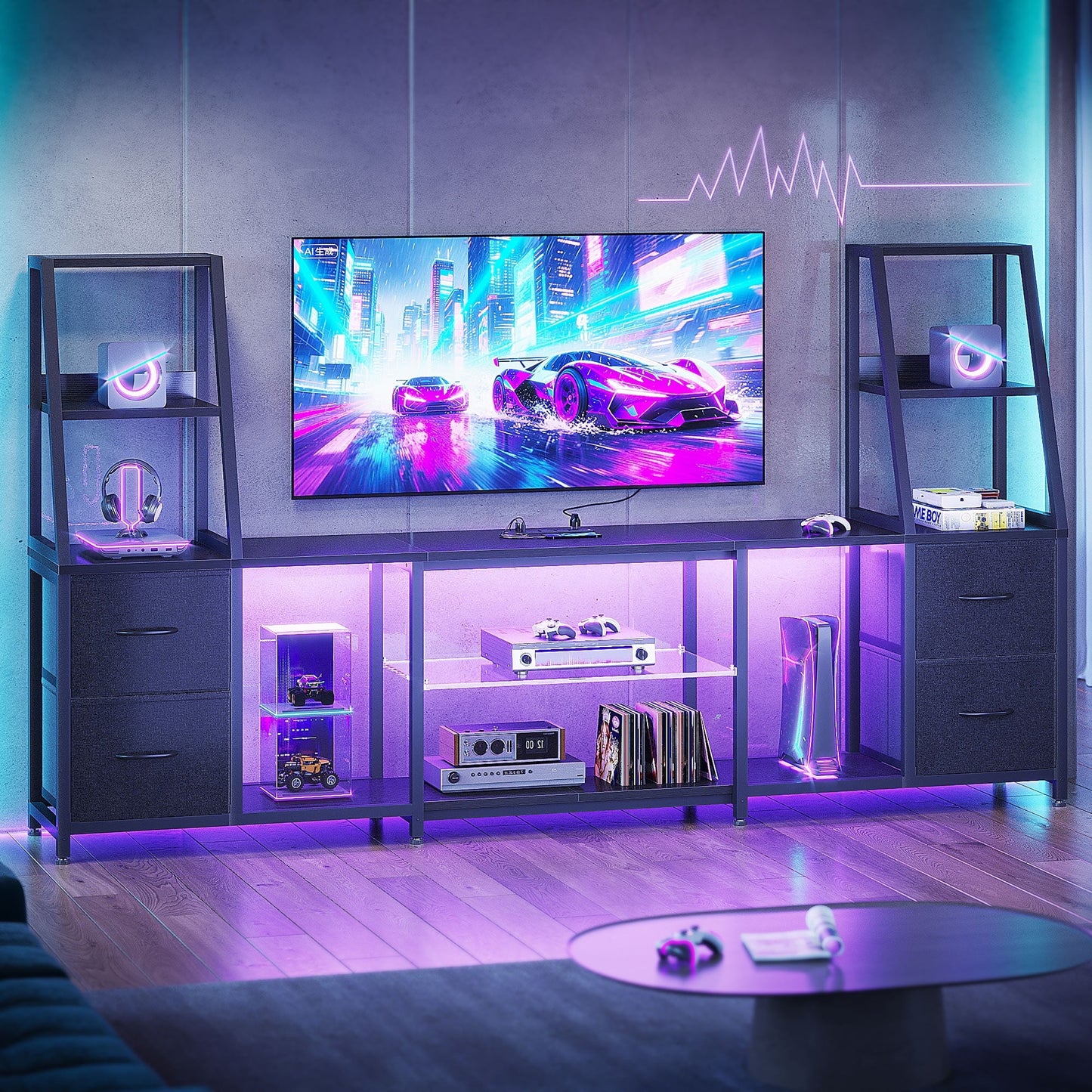 Casacomoda TV Stand for up to 65 Inch TV, 87" Entertainment Center with Power Outlets & LED Lights, Modern Media Console with Glass Shelf & 4 Fabric Drawers for Living Room Bedroom, Black