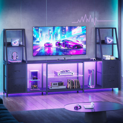 Casacomoda TV Stand for up to 65 Inch TV, 87" Entertainment Center with Power Outlets & LED Lights, Modern Media Console with Glass Shelf & 4 Fabric Drawers for Living Room Bedroom, Black