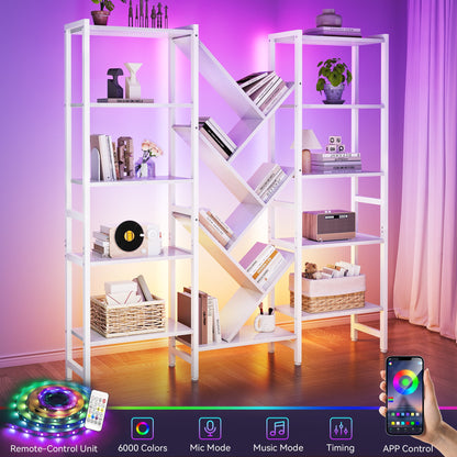 Triple 5-Tier Bookshelf with LED Lights for Living Room, 17 Open Shelves Large Bookcase with App Control RGB Light Strip, Modern Tree Design Storage Shelf with Metal Frame, White