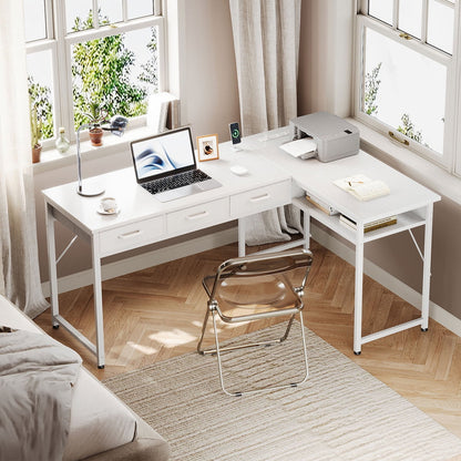 Casacomoda 48 inch L Shaped Computer Desk with 3 Drawers, Corner Desk with Power Outlets & Reversible Storage Shelves, Simple Computer Desk for Home Office Gaming, White