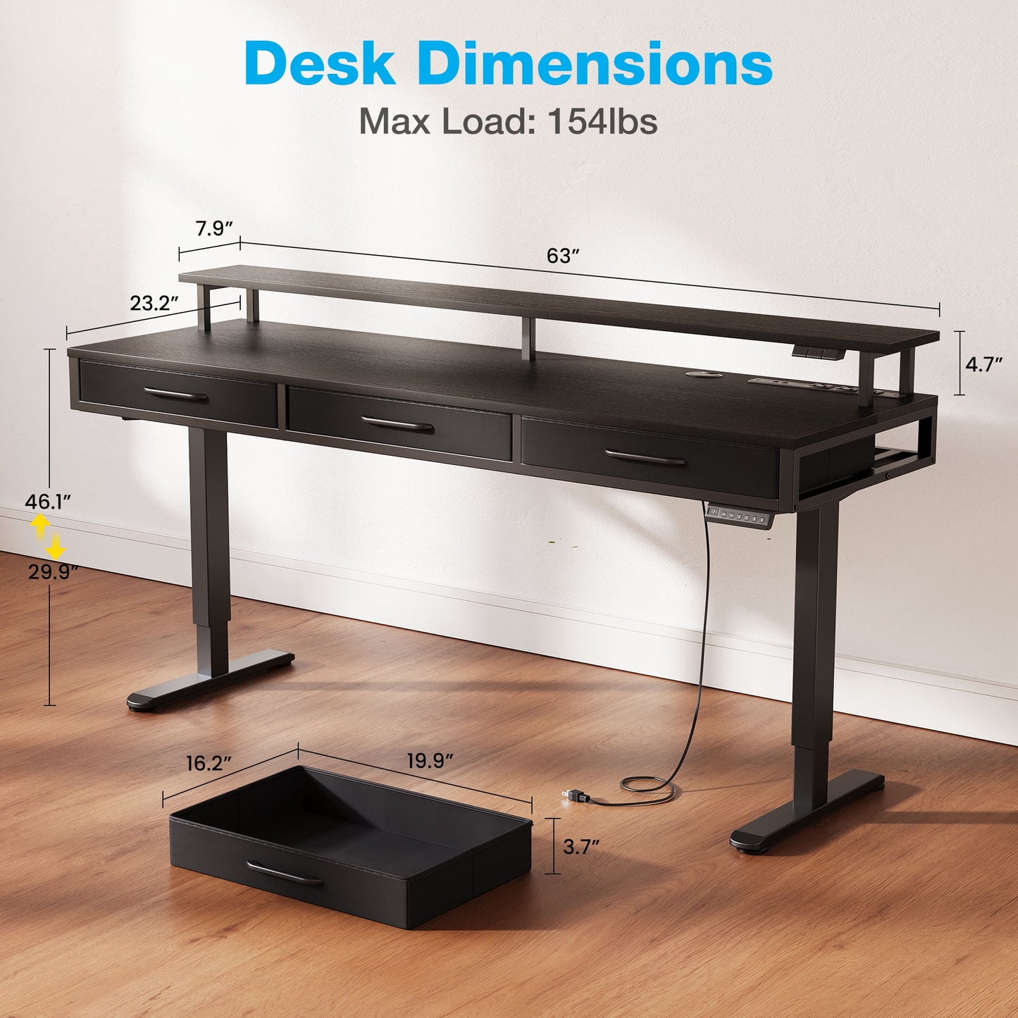 Casacomoda 63“ Electric Standing Desk with Power Outlets and LED Lights, Adjustable Height Sit Stand Desk with Monitor Shelf & 3 Fabric Drawers for Home Office, Black