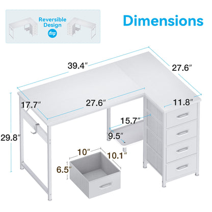 40 inch Computer Desk with 4 Fabric Drawers — Home Office Desks with Storage, Writing Desk with Side Hook, Desk Study/Work Table for Bedroom and Small Space, White