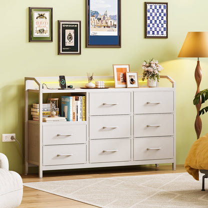 KKL Dresser with LED Lights and Charging Station, 44 inch Dresser for Bedoom with 8 Storage Drawers & Open Shelves, White