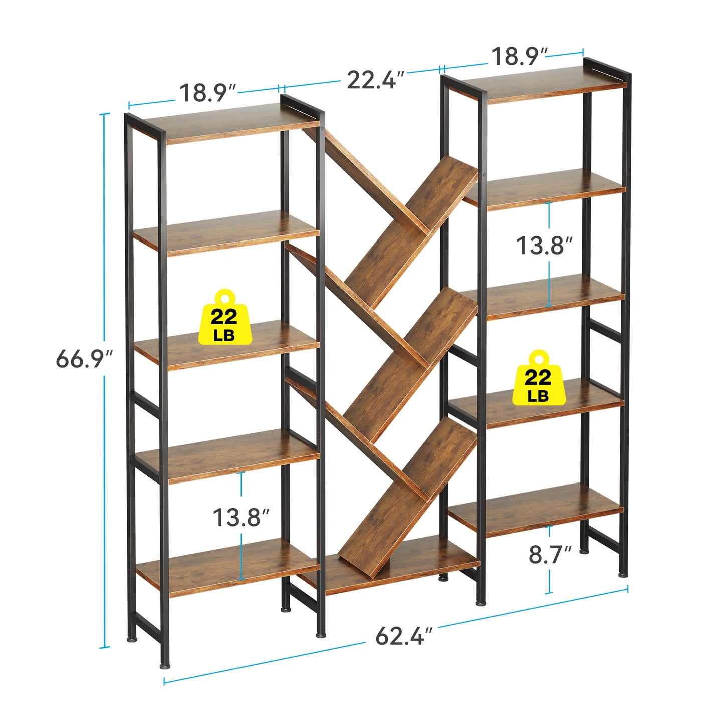 Triple 5-Tier Bookshelf with LED Lights for Living Room, 17 Open Shelves Large Bookcase with App Control RGB Light Strip, Modern Tree Design Storage Shelf with Metal Frame, Vintage