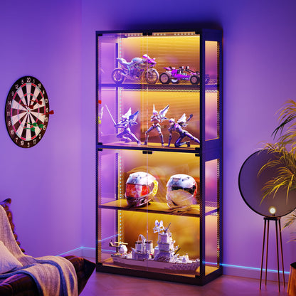 Casacomoda Display Cabinet with Glass Door & LED Lights, 63" 4-Tier Curio Cabinet, Modern Glass Display Case for Living Room & Bedroom, Black
