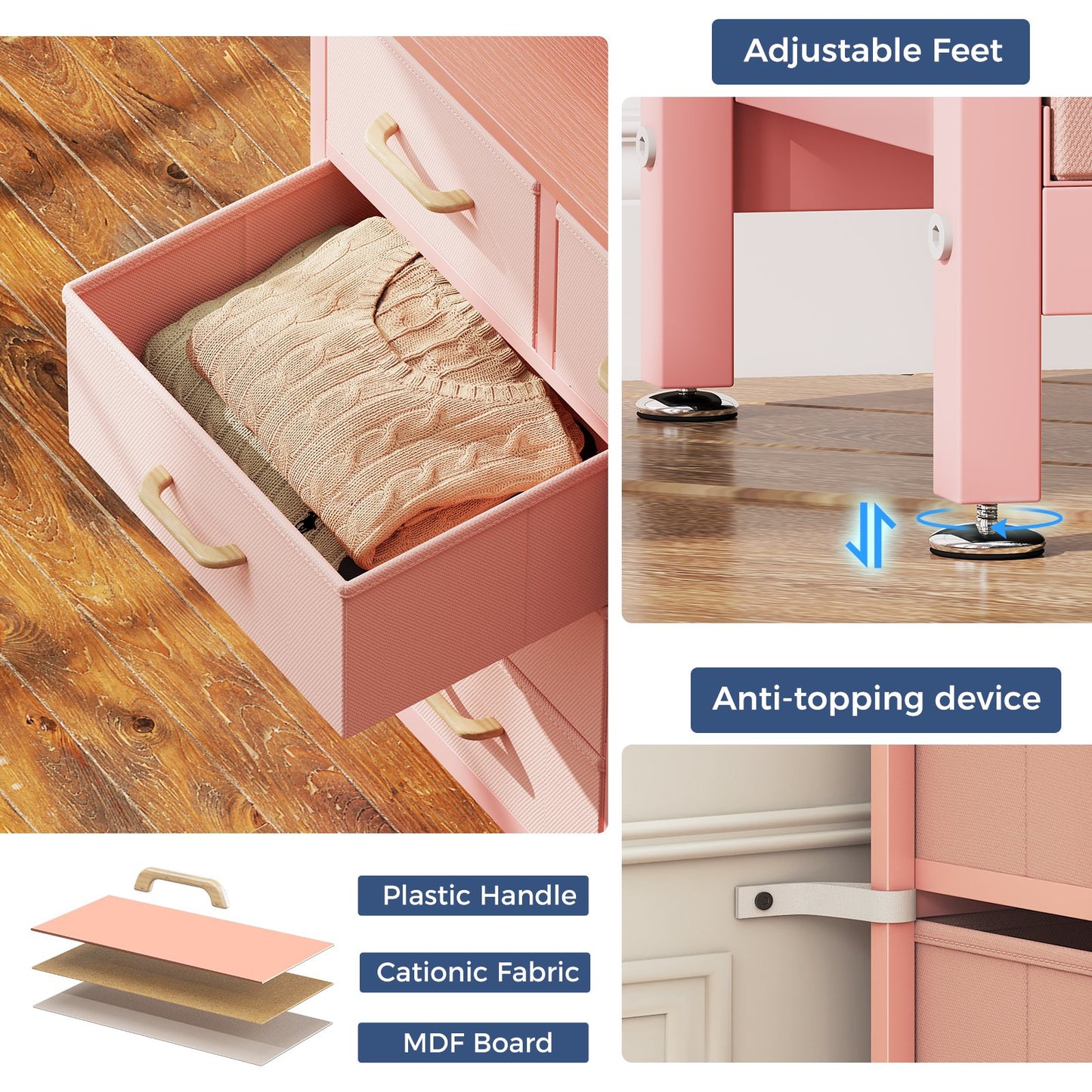 Casacomoda Dresser with Charging Station, 55-Inch Long Dressers for Bedroom, Large Dressers TV Stand with 13 Storage Drawers, Fabric Dresser Chest of Drawers, Pink
