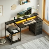 Casacomoda 55 Inch Computer Desk with USB Ports and Power Outlets, Printer Shelf & Built-in LED, 4 Drawers & Storage Shelf, Home Office Desks, Black