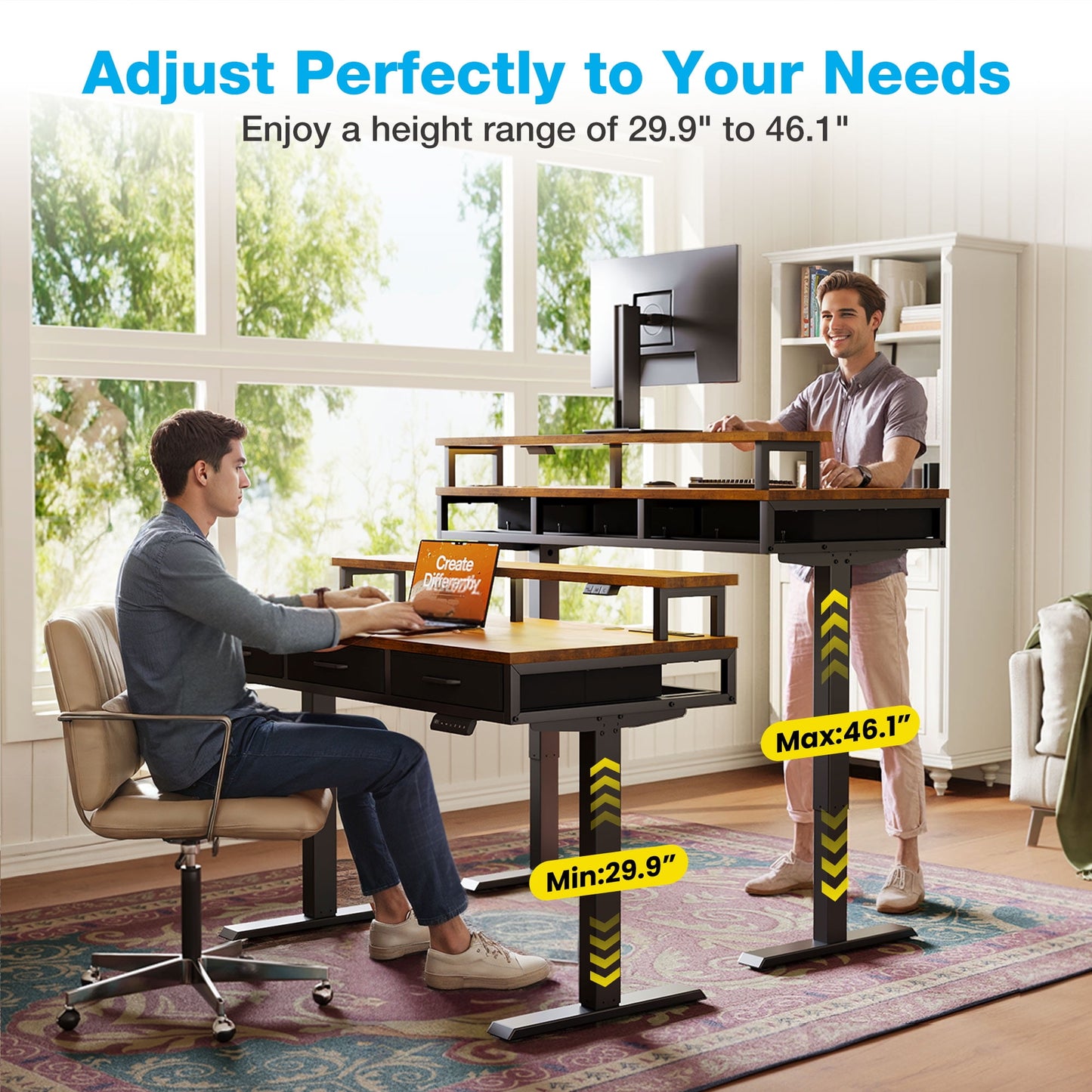 Casacomoda 55 inch Electric Standing Desk with Power Outlets and LED Lights, Adjustable Height Sit Stand Desk with Monitor Shelf & 3 Fabric Drawers for Home Office, Vintage