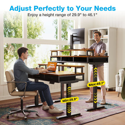 Casacomoda 55 inch Electric Standing Desk with Power Outlets and LED Lights, Adjustable Height Sit Stand Desk with Monitor Shelf & 3 Fabric Drawers for Home Office, Vintage