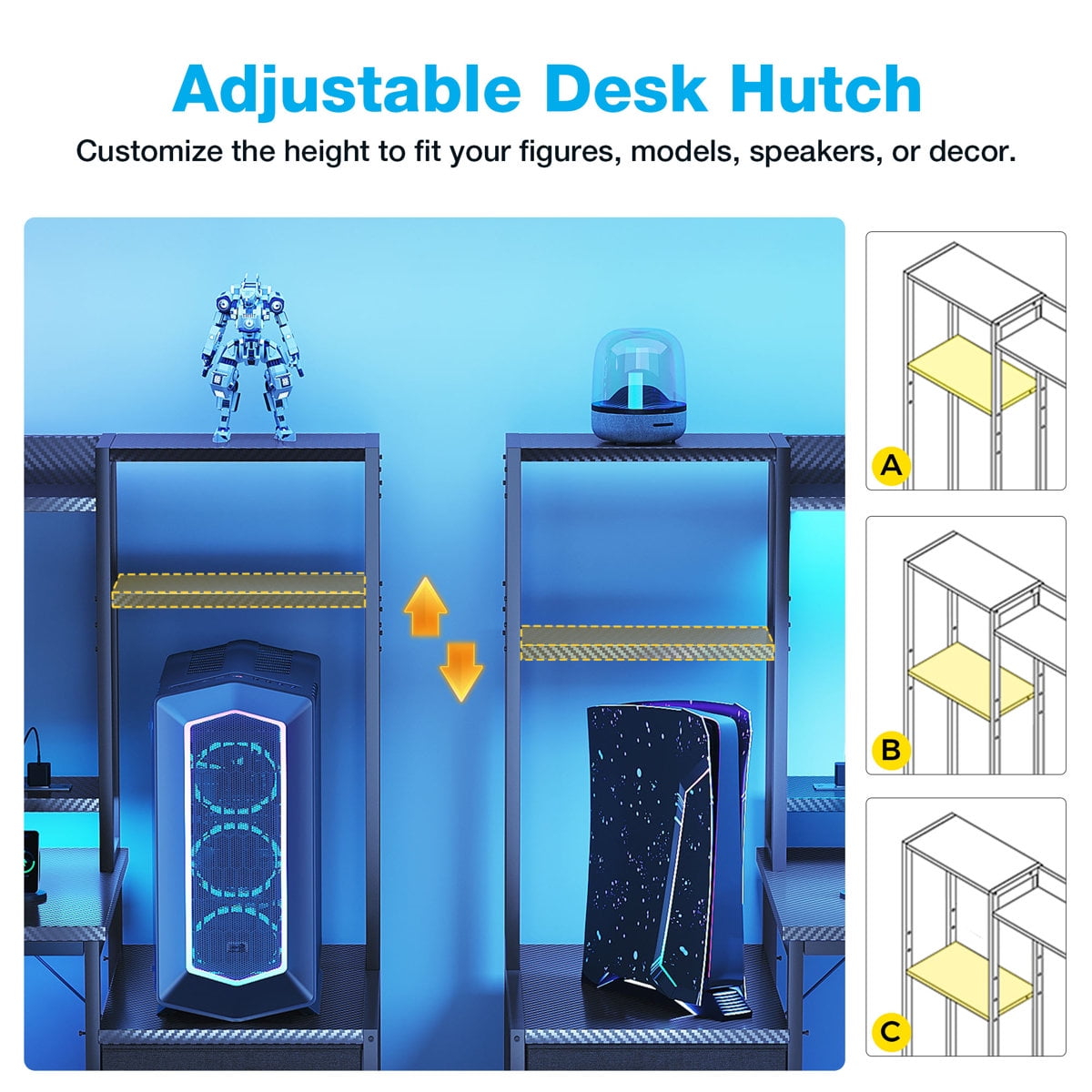 Casacomoda 63" Gaming Desk with Hutch and Drawers, RGB LED Lights, Computer Desk with Power Outlets for Home Office, Black