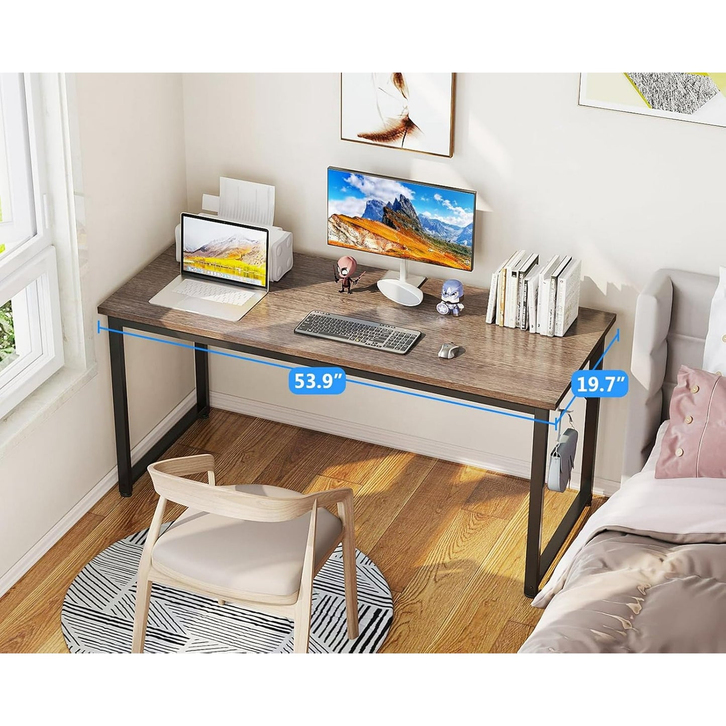 Casacomoda 54 inch Computer Desk with Headphone Hooks, Home Office Desk for Large Spaces, Simple Modern Desk for Studying & Writing, Grey Oak