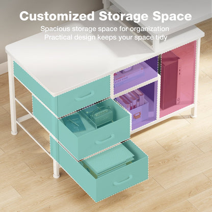 L-Shaped Desk with 3 Storage Drawers, Reversible Writing Desk with Flexible Frame, Computer Desk with Power Outlets, Monitor Stand, Iron Hook and Ladder Shelves,White