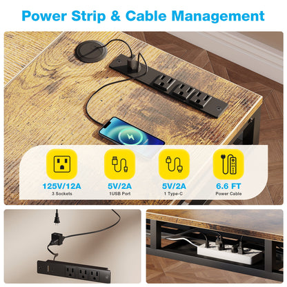 Electric Standing Desk with Drawers, 63 Inch Height Adjustable Desk with Power Outlets, Sit Stand Table, Writing Computer Desk for Home, Office, Workstation, Rustic Brown