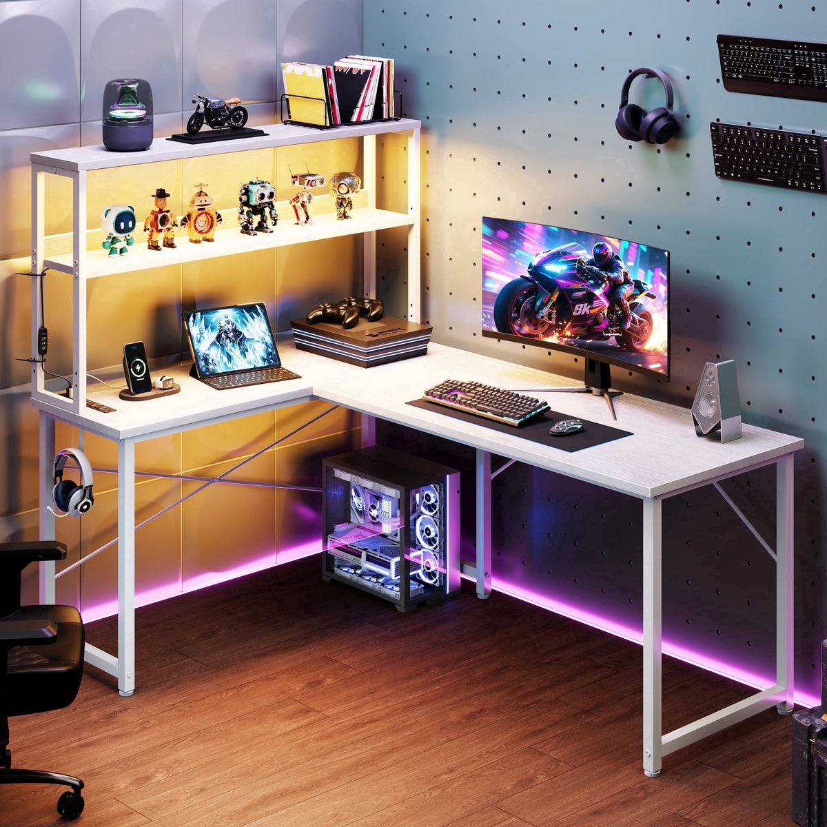 Casacomoda L Shaped Gaming desk, 53 Inch Computer Desk with Shelves, Reversible Display Shelf Gaming Desk with Led Light & Charging Station, White