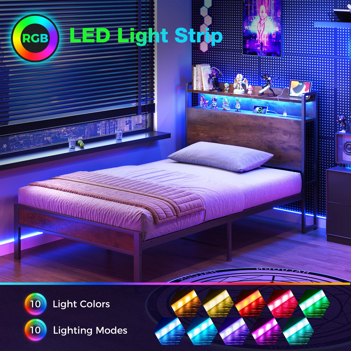 Casacomoda Twin Bed Frames, Storage Headboard with Charging Station, RGB Light Strips, Solid and Stable, Noise Free, No Box Spring Needed, Easy Assembly, Vintage