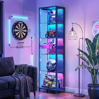 Casacomoda 5-Tier LED Display Cabinet, Gaming Glass Shelf Curio Cabinet with RGB Lights, Open Glass Corner Storage Shelf for Collectibles, Figures, Gaming Room & Living Room, Black