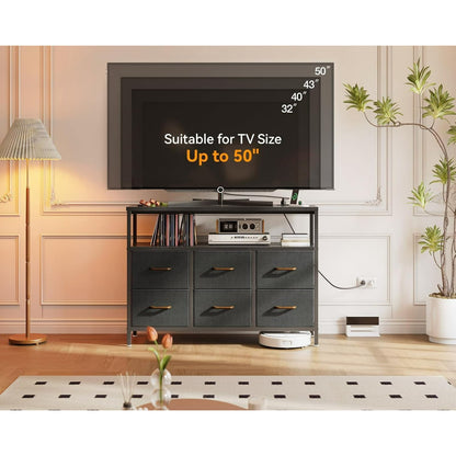 Dresser with Charging Station, Dresser for Bedroom with 6 Large Fabric Drawers, Dresser TV Stand with Open Shelves for 50 Inch TV, Black