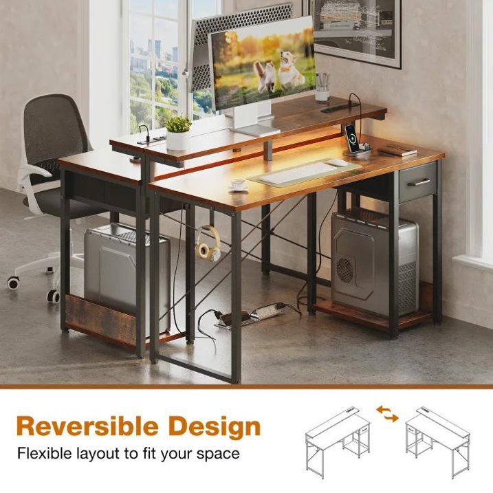 Gaming Desk with LED Lights and Power Outlet, 48 Inch Reversible L Shaped Computer Desk with Fabric Drawer, Monitor Stand and Headphone Hook, Home Office and Gaming Desk, Vintage