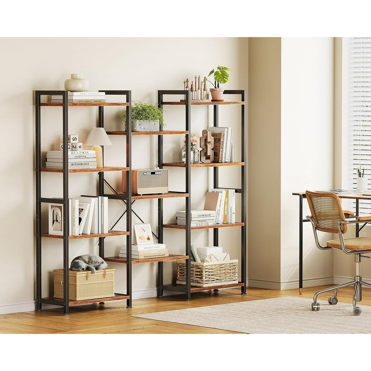 Casacomoda Triple Wide 4 Tier Bookshelf, Rustic Industrial Style Bookcases with 15 Open Display Shelves, Modern Tall Bookcase Furniture for Bedroom, Living Room and Home Office, Rustic Brown