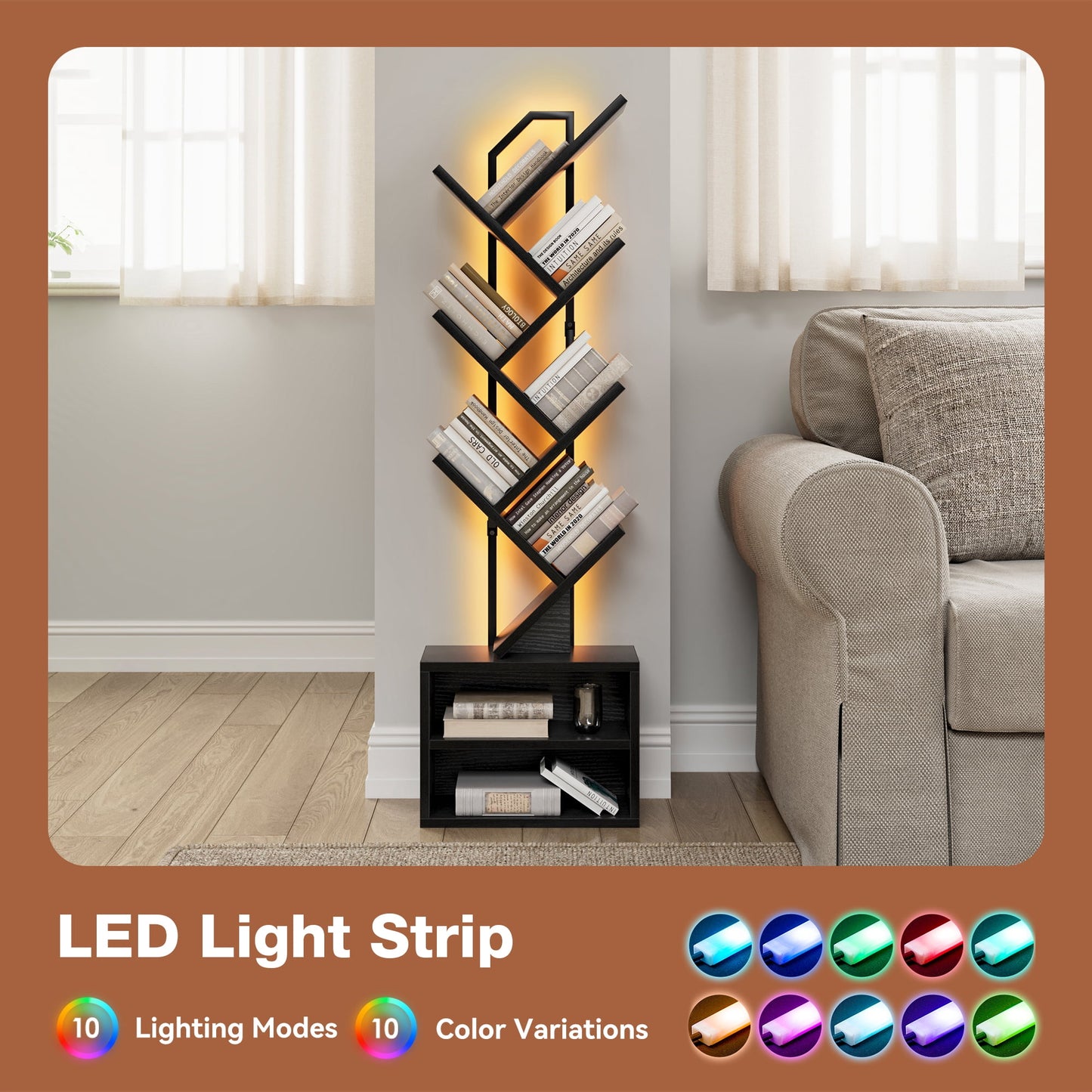 Casacomoda 6 Tier Tall Tree Bookshelf with LED Lights, Bookcase with Double Storage Cabinet, Narrow Corner Display Shelf, Floor Standing Organizer for Living Room, Bedroom, Home Office, Black