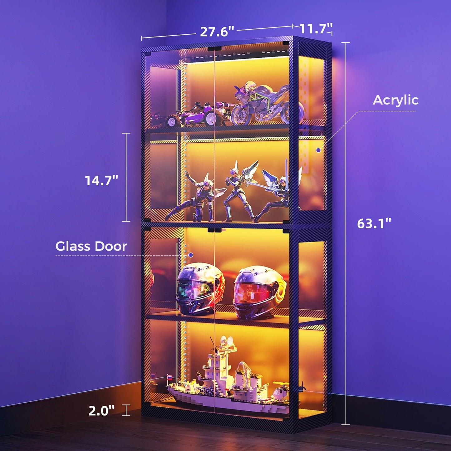 Casacomoda Display Cabinet with Glass Door & LED Lights, 63" 4-Tier Curio Cabinet, Modern Glass Display Case for Living Room & Bedroom, Black