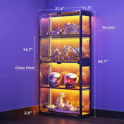Casacomoda Display Cabinet with Glass Door & LED Lights, 63" 4-Tier Curio Cabinet, Modern Glass Display Case for Living Room & Bedroom, Black