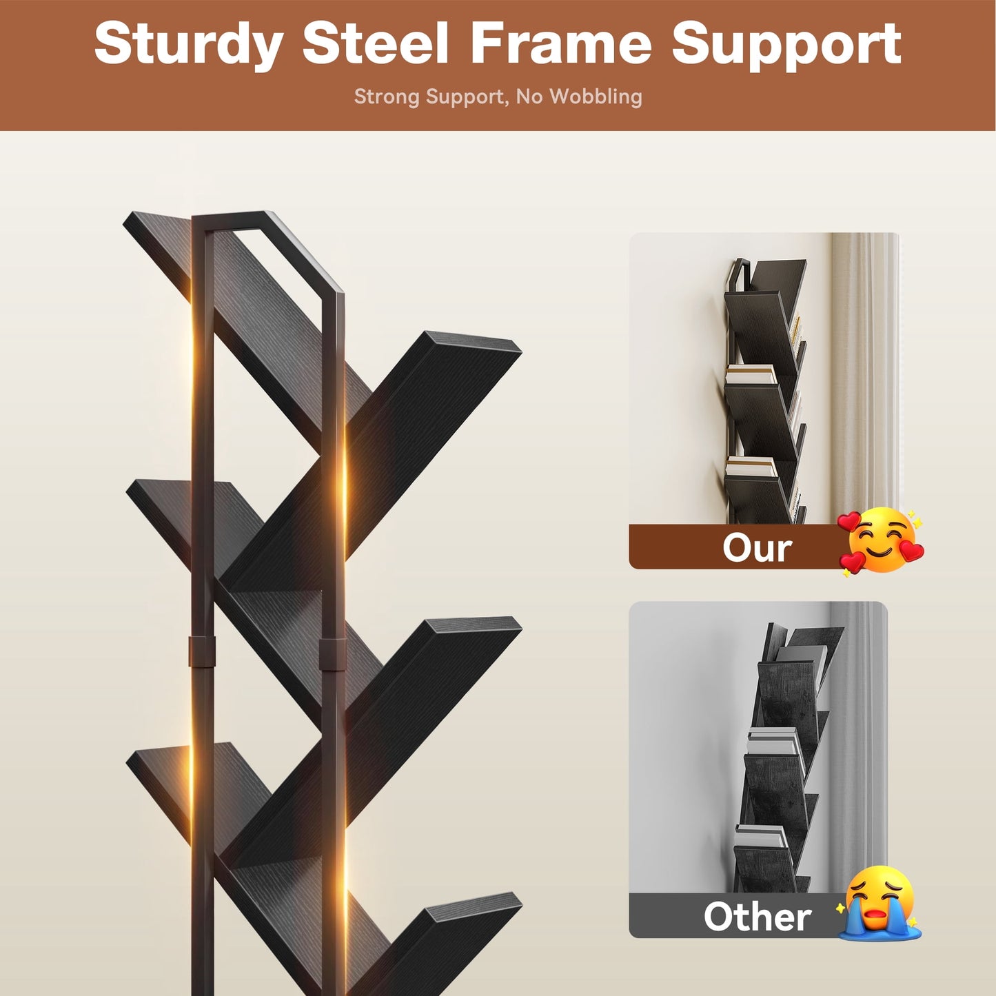 Casacomoda 6 Tier Tall Tree Bookshelf with LED Lights, Bookcase with Double Storage Cabinet, Narrow Corner Display Shelf, Floor Standing Organizer for Living Room, Bedroom, Home Office, Black