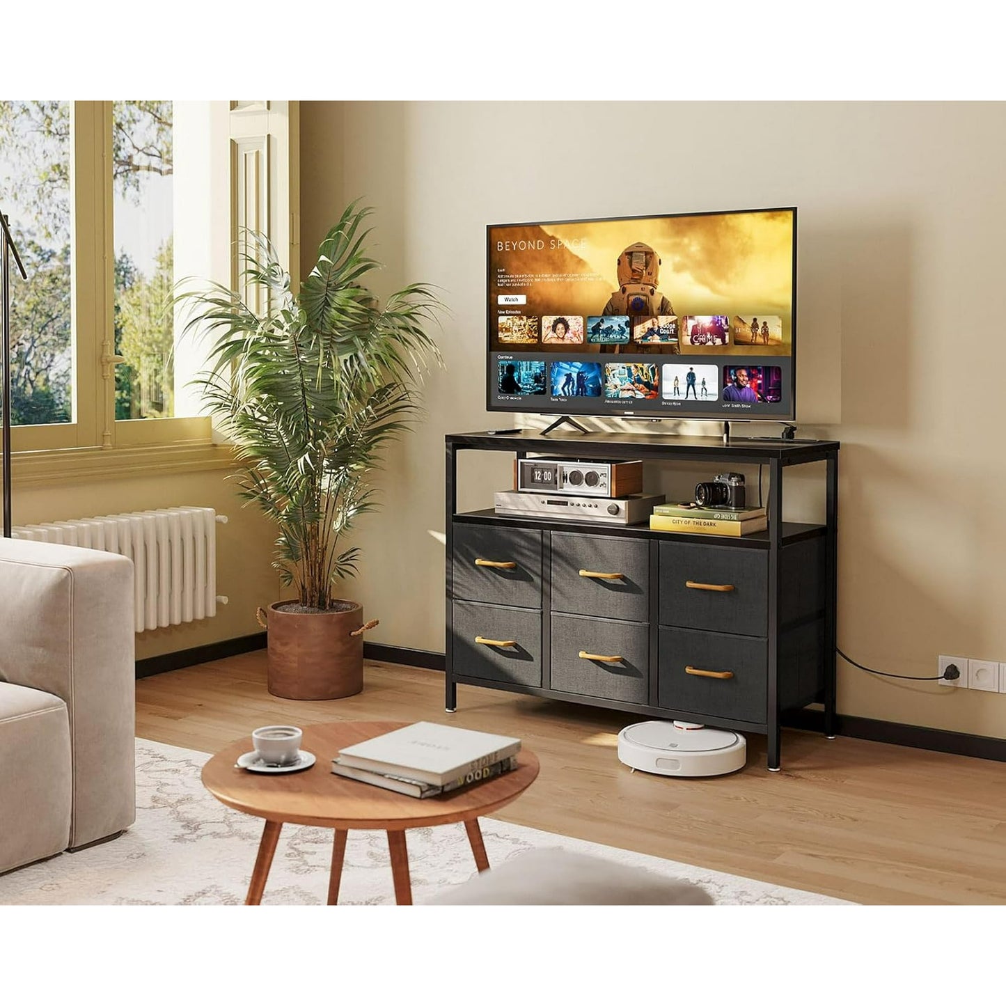Dresser with Charging Station, Dresser for Bedroom with 6 Large Fabric Drawers, Dresser TV Stand with Open Shelves for 50 Inch TV, Black