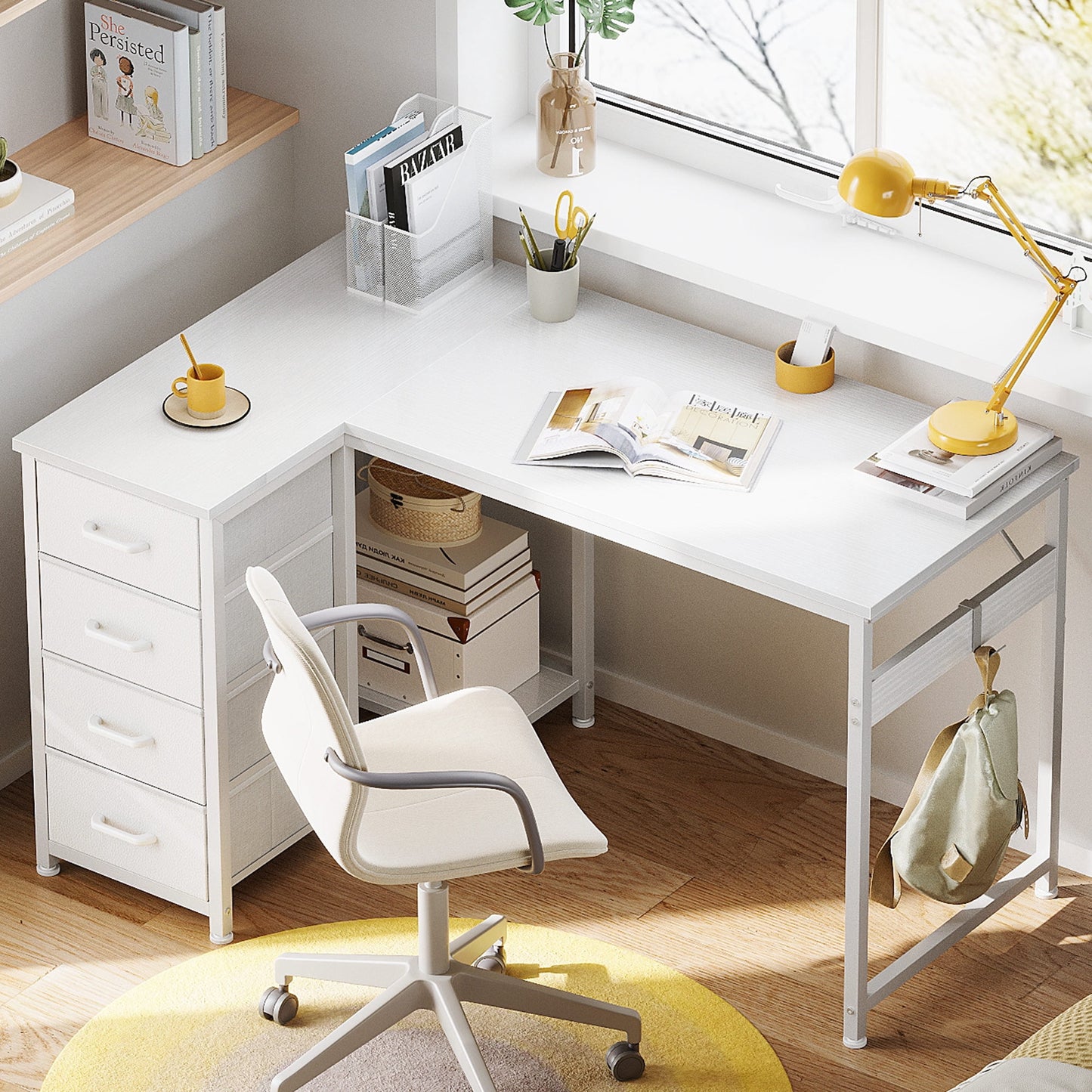 40 inch Computer Desk with 4 Fabric Drawers — Home Office Desks with Storage, Writing Desk with Side Hook, Desk Study/Work Table for Bedroom and Small Space, White