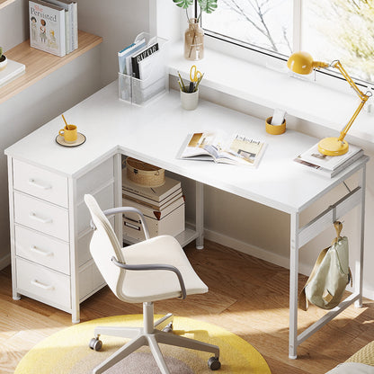 40 inch Computer Desk with 4 Fabric Drawers — Home Office Desks with Storage, Writing Desk with Side Hook, Desk Study/Work Table for Bedroom and Small Space, White