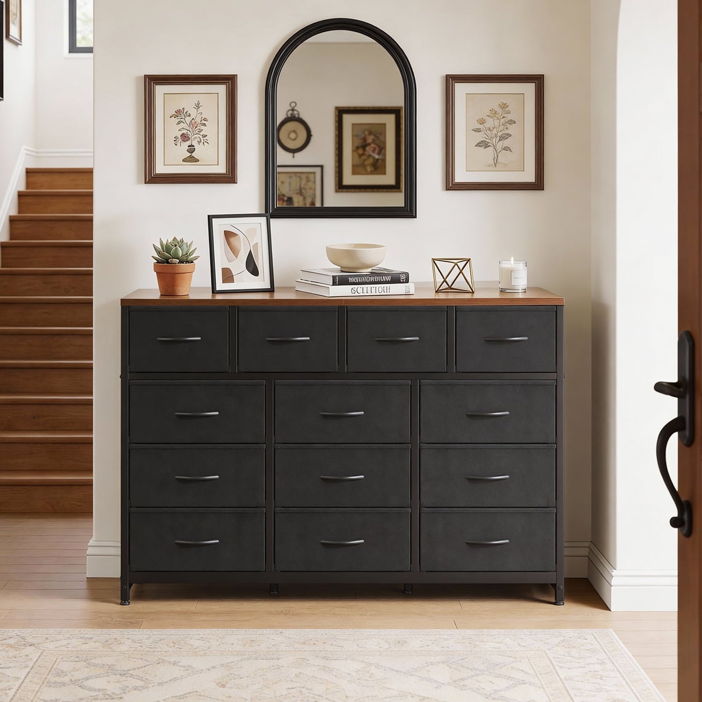 Casacomoda 55-Inch Wood Dresser with 13 Storage Drawers, Large Bedroom Dresser and TV Stand, Black and Vintage