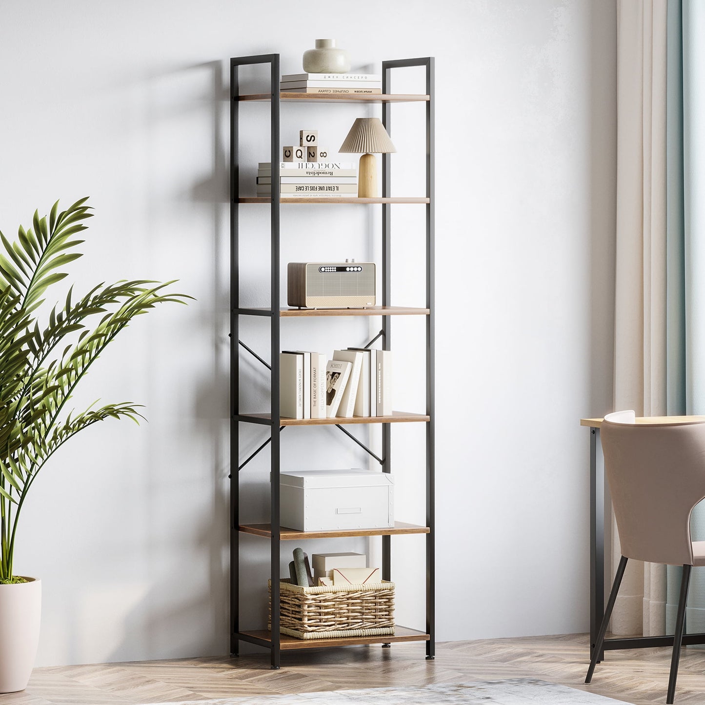 Casacomoda Book Shelf Set of 2, 6 Tier Bookcase, Storage Shelf, Industrial Bookcase for CDs, Photos, Books, Modern Bookshelf for Home Office, Living Room, Kitchen, Bedroom, Rust Brown